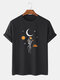 Mens 100% Cotton Moon Flowers Print Solid Breathable Loose T-Shirt - Black