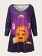 Plus Size Cartoon Pumpkin Print Halloween Casual V-neck T-shirt - Purple