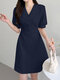 Solid Wrap Lapel Short Sleeve A-line Dress For Women - Navy
