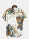 Camisas masculinas com estampa de plantas tropicais e férias de lapela manga curta com bolso - Verde