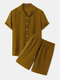 Mens Pure Color Button Up Revere Collar Basics Two Pieces Outfits - Brown