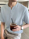 Мужская однотонная повседневная футболка с коротким рукавом с v-образным вырезом - синий