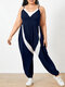 Patchwork SleevelessV-neck Plus Size Casual Jumpsuits - Navy
