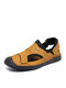 Men Closed Rubber Toe Hand Stitching Soft Back Hook Loop Leather Sandals - Yellow