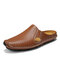 Men Hole Hand Sticthing Leather Non Slip Backless Casual Slippers - Brown