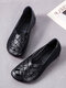 Women Casual Solid Color PU Hollow-out Slip On Lightweight Flat Shoes - Black