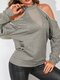 Women Solid Color Off Shoulder Ripped Patchwork Casual Blouse - Gray