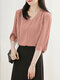 Solid V-neck 3/4 Sleeve Blouse For Women - Pink