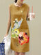女性水彩ロータスプリントクルーネックノースリーブドレス - 黄