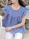 Check Print Ruffle Sleeve Crew Neck Casual Blouse - Blue