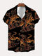 Mens Chinese Style Animal Print Lapel Short Sleeve Shirts - Black