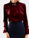 Solid Color Pearl Flared Long Sleeve Ruffled Blouse - Red