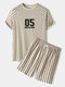 Mens Number Stripe Print Raglan Sleeve Varsity Two Pieces Outfits - Khaki