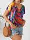 Multi-color Print Short Sleeve V-neck Casual T-Shirt For Women - Multi-color
