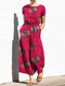 Flower Print Elastic Waist Pocket Short Sleeve Casual Cotton Jumpsuit - Rose