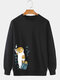 Mens Cute Cat Side Print Crew Neck Pullover Sweatshirts - Black
