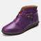 Large Size Women Comfy Leather Stitching Buckle Flat Ankle Boots - Purple