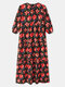Floral Print Puff Sleeve Plus Size Long Dress for Women - Black
