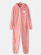Plus Size Women Plush Christmas Patched Zip Front Hooded Onesies Pajamas - Pink2
