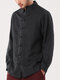 Mens Cotton Vintage Solid Chinese Button Stand Collar Shirt - Black