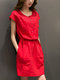 Retro Elastic Waist Short Sleeve Dress - Red