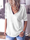 Solid Color Long Sleeve V-neck T-shirt For Women - White
