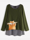 Cartoon Cat Stripe Fake Two Pieces Long Sleeve Blouse - Army Green