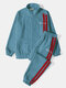 Mens Side Stripe Letter Embroidered Zip Jacket Corduroy Two Pieces Outfits - Blue