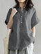 Solid Button Stand Collar Short Sleeve Loose Casual Blouse - Gray