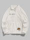 Mens Japanese Cat Embroidered Half Zip Plush Pullover Sweatshirts Winter - White