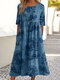 Women Ethnic Paisley Polka Dot Print Crew Neck Dress - Blue