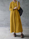 Solid Color Long Sleeve Pocket Loose Linen Casual Jumpsuit for Women - Yellow