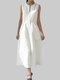 Lace Patch Round V-neck Pocket Sleeveles Cotton Dress With Belt - Beige