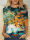 Butterflies Print O-neck Long Sleeve Plus Size Cotton Blouse for Women - Green