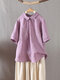 Vintage Embroidery Turn-down Collar Short Sleeve Blouse - Purple