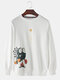 Mens Cartoon Animal Print Cotton Crew Neck Pullover Sweatshirts - White