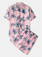 Mens Pink Hawaiian Tropical Print Beach Short Sleeve Swim Vacation Outfits sets Two Pieces Beachwear - Pink