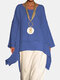 Casual Solid Color Layers High Low Long Sleeve Plus Size Blouse - Blue