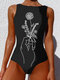 Women Line Drawing Abstract Print High Neck Sleeveless One Piece Slimming Swimsuit - Black1