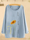 Cartoon Cat Printed Long Sleeve O-neck Button Blouse For Women - Sky Blue