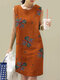 女性フラワー プリント ノースリーブ クルー ネック ヴィンテージ ドレス - オレンジ