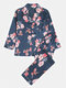 Mens Floral Painting Print Button Lapel Homewear Pajamas Set With Pocket - Navy