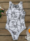 Women Personalized Abstract Print One Piece High Neck Sleeveless Slimming Swimsuit - White