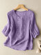 Women Floral Embroidered Crew Neck Cotton 3/4 Sleeve Blouse - Purple