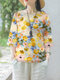 Watercolor Floral Print Crew Neck 3/4 Length Sleeve Blouse - Yellow