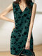 Women Random Allover Flower Print Sleeveless V-neck Dress - Dark Green