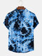 Mens Tie Dye Print Casual Light Summer Short Sleeve Stand Collar Shirts - Light Blue