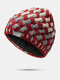 Women Mixed Color Twist Knitted Jacquard Plus Velvet Warmth Brimless Beanie Hat - Red