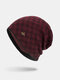 Men Knitted Plus Velvet Lattice Jacquard Letter Iron Label Brimless Beanie Hat - Wine Red