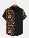 Chemises à manches courtes boutonnées à revers en patchwork imprimé dessin animé pour hommes - Noir